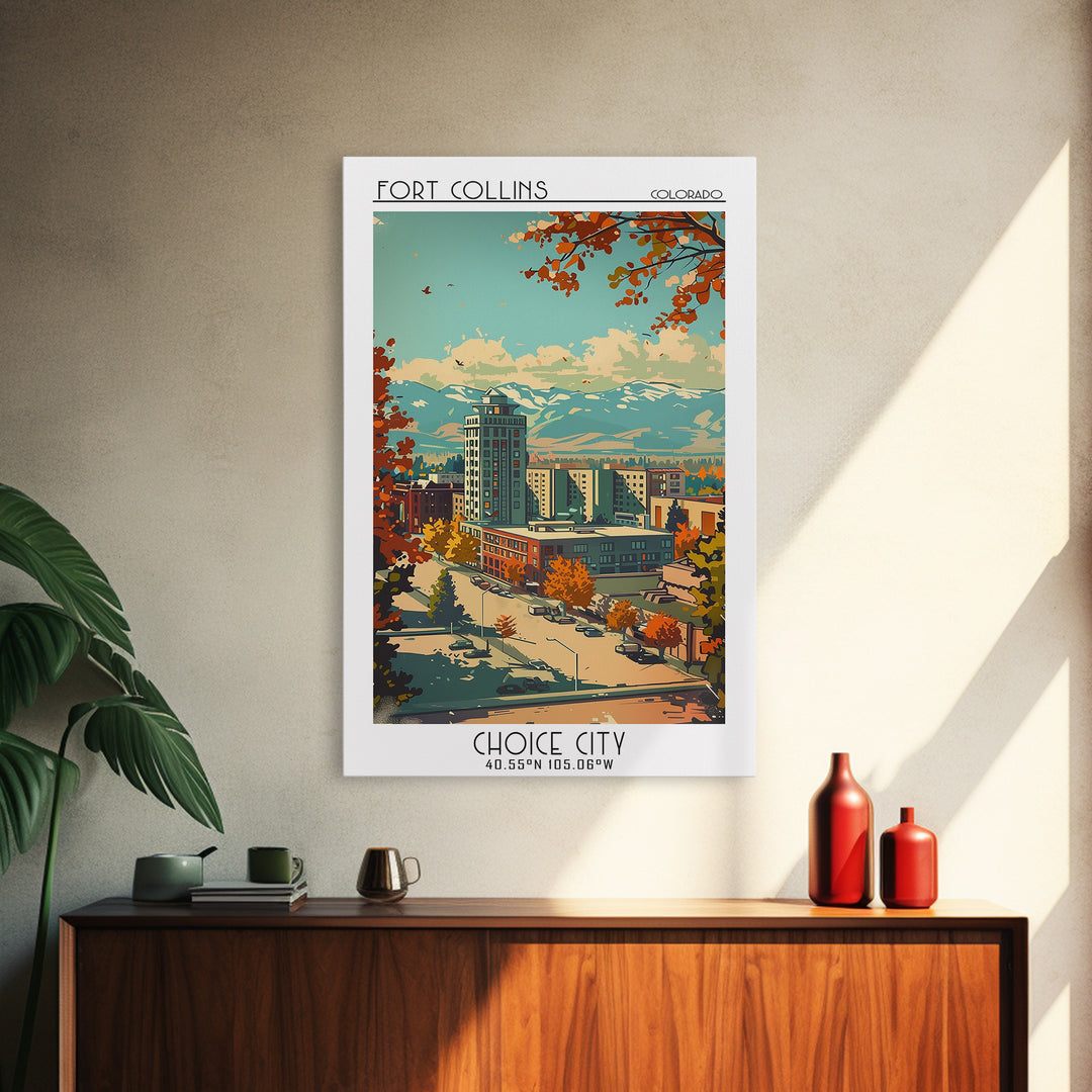 Fort Collins Travel Poster, Framed Canvas Print, Vintage Travel Print, City Wall Art, Vintage Posters, Travel Prints, City Art Print