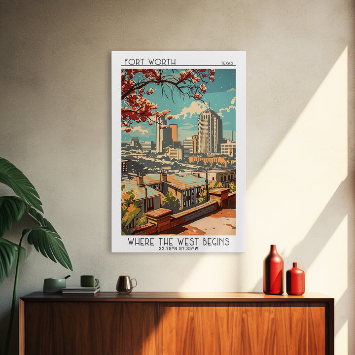 Fort Worth Texas Travel Poster, Framed Canvas Print, Travel Prints, Landscape Art, Modern Wall Decor, Travel Decor, Gallery Wall Set