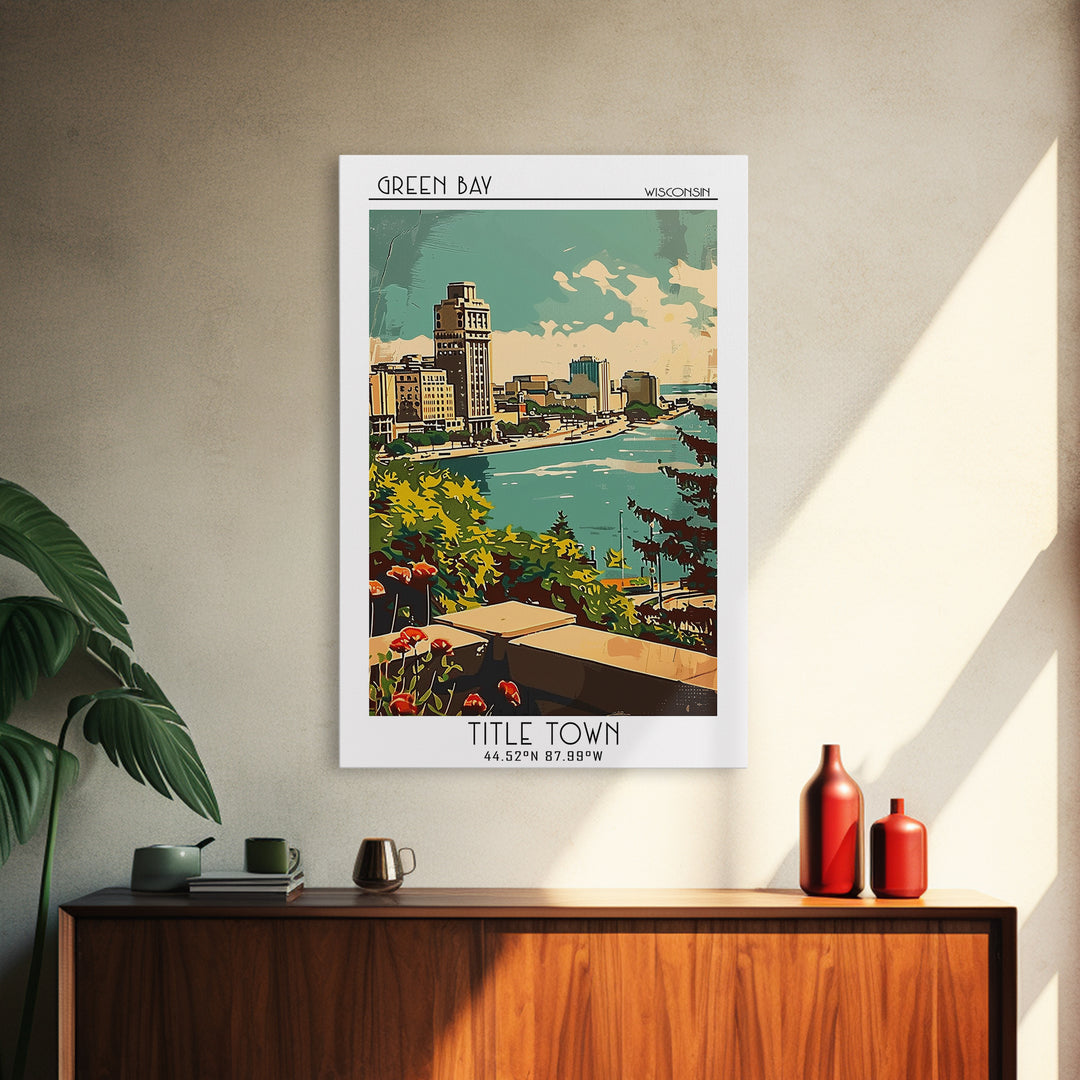 Green Bay Travel Poster, Framed Canvas Print, Retro Travel Poster, City Wall Art, Art Print, Minimalist Poster, Mid Century Wall Art