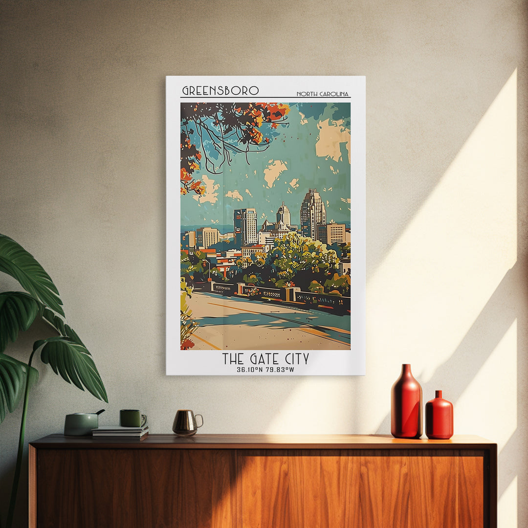 Greensboro Travel Poster, Framed Canvas Print, Retro Wall Art, Travel Print, Living Room Wall Art, Minimalist Poster, Fine Art Print