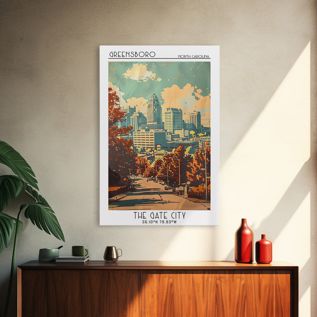 Greensboro North Carolina Travel Poster, Canvas Print, City Travel Poster, Vintage City Poster, Mid Century Wall Art, Travel Posters