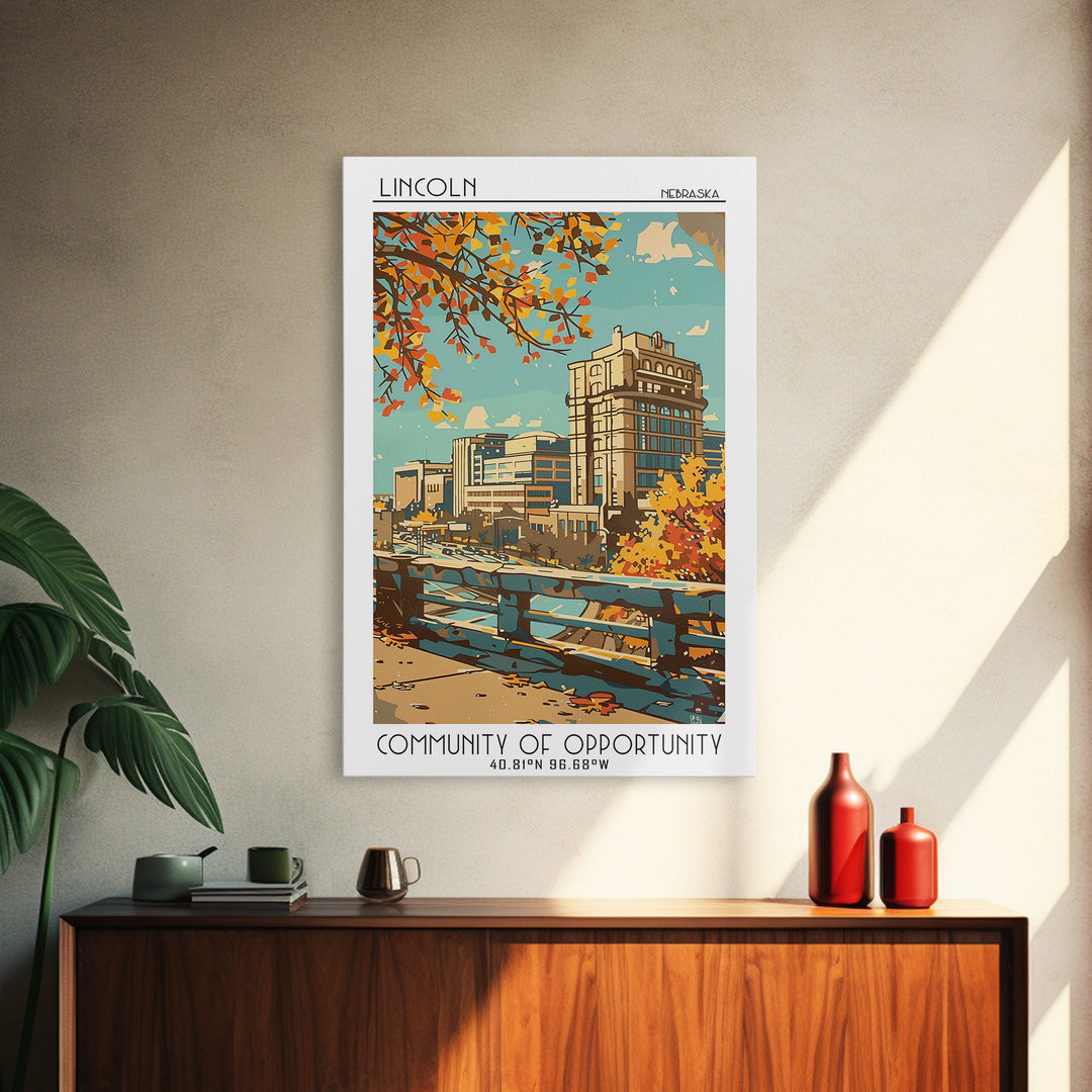 Lincoln Nebraska Travel Poster, Canvas Print, Travel Prints, Landscape Art, Living Room Wall Art, Travel Print, Mid Century Wall Art