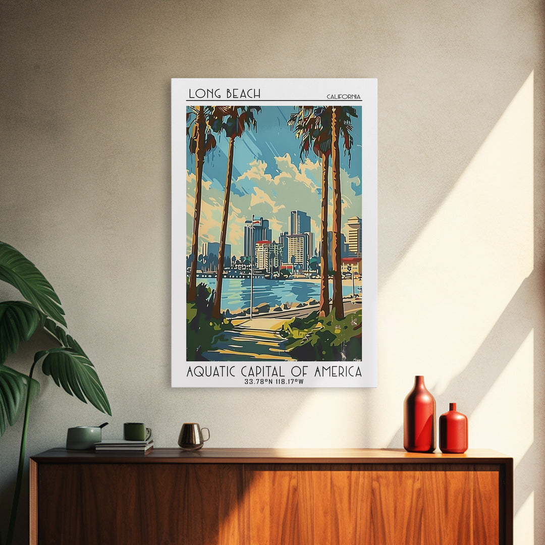 Long Beach Travel Poster, Framed Canvas Print, Travel Wall Art, City Wall Art, Vintage Travel, Living Room Wall Art, Wanderlust Gift