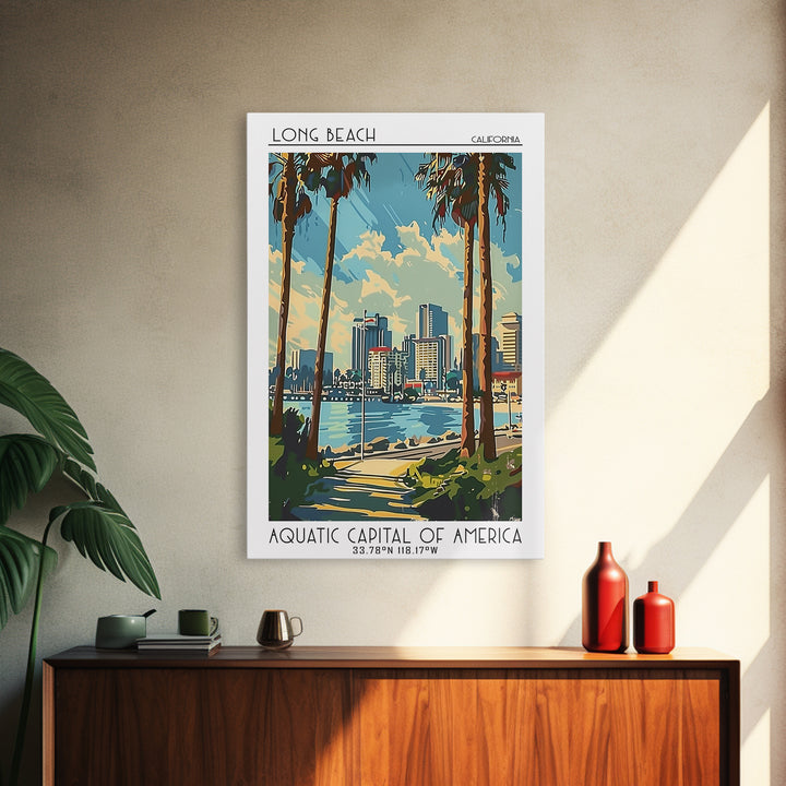 Long Beach Travel Poster, Framed Canvas Print, Travel Wall Art, City Wall Art, Vintage Travel, Living Room Wall Art, Wanderlust Gift