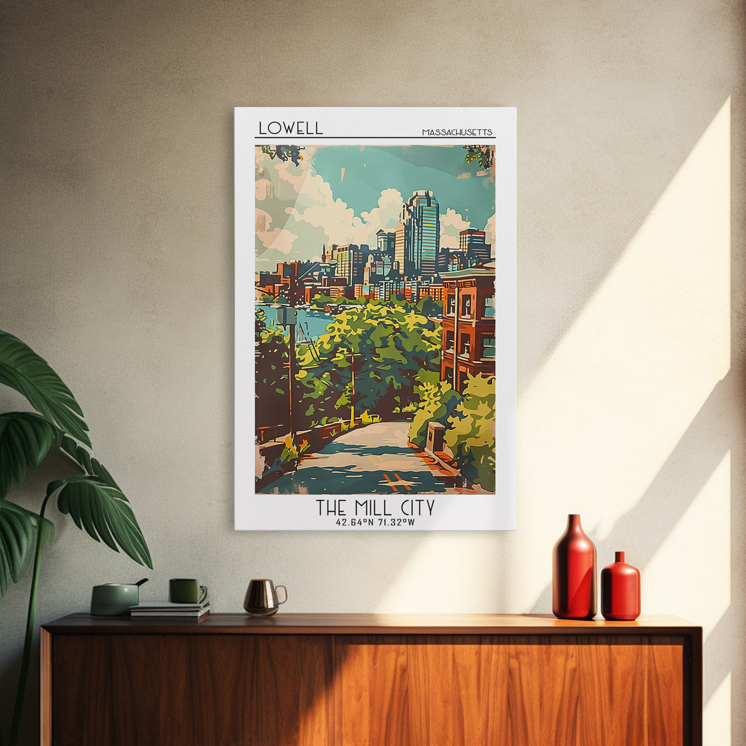 Lowell Travel Poster, Framed Canvas Print, City Travel Poster, Travel Wall Decor, Art Print, Retro Wall Art, Landscape Art, Wall Art
