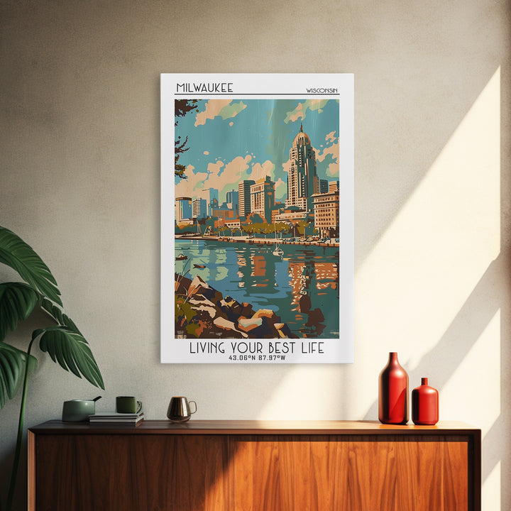 Milwaukee Wisconsin Travel Poster, Framed Canvas Print, Retro Wall Art, Travel Print, Mid Century Wall Art, Poster Art, Poster Print
