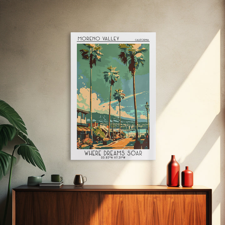 Moreno Valley California Travel Poster, Framed Canvas Print, Travel Wall Art, City Wall Art, Living Room Wall Art, City Illustration