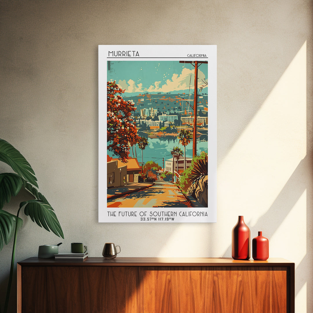 Murrieta California Travel Poster, Framed Canvas Print, Retro Wall Art, Travel Print, Travel Decor, Travel Prints, City Illustration