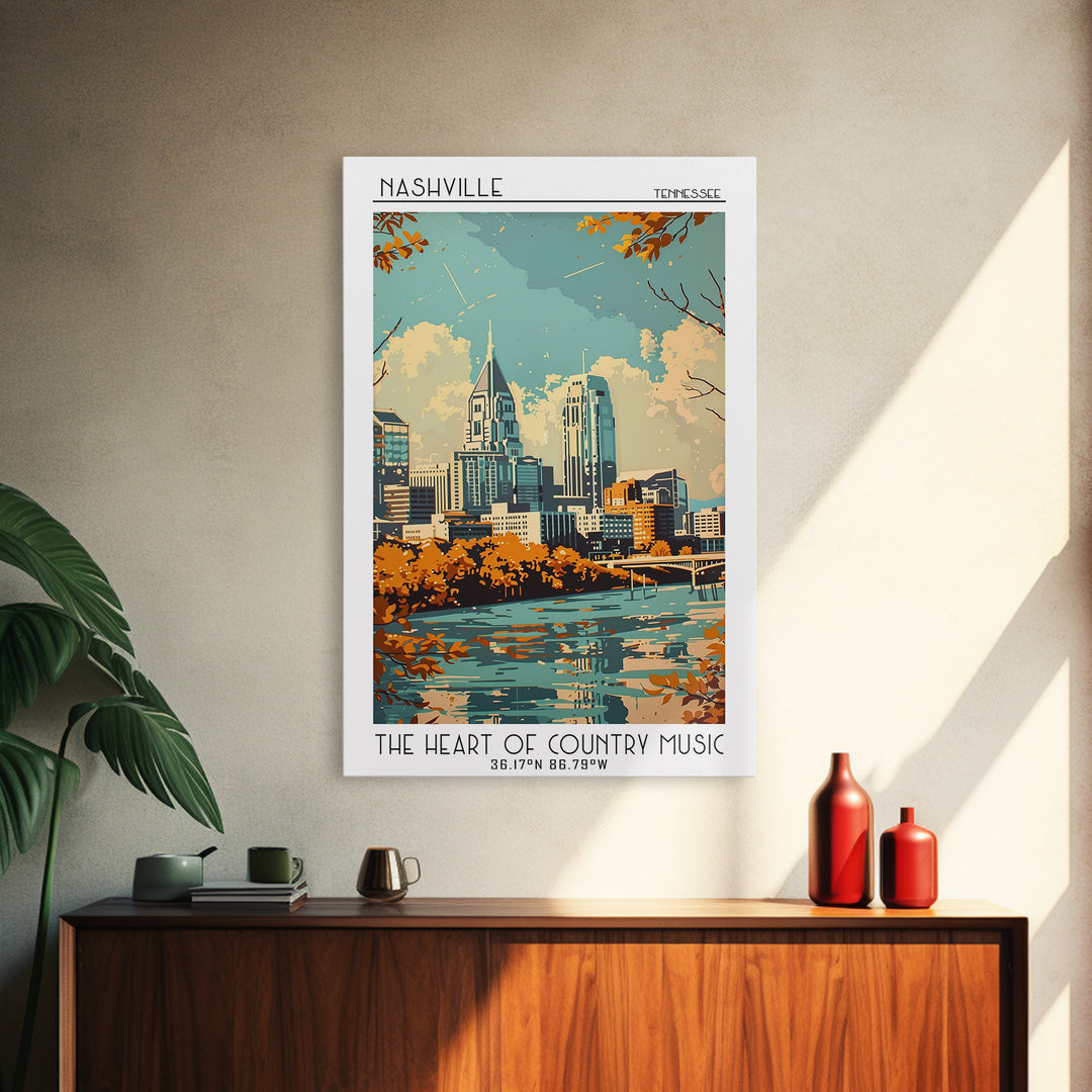 Nashville Travel Poster, Framed Canvas Print, Retro Wall Art, Travel Print, Travel Wall Art, Living Room Wall Art, Colorful Wall Art