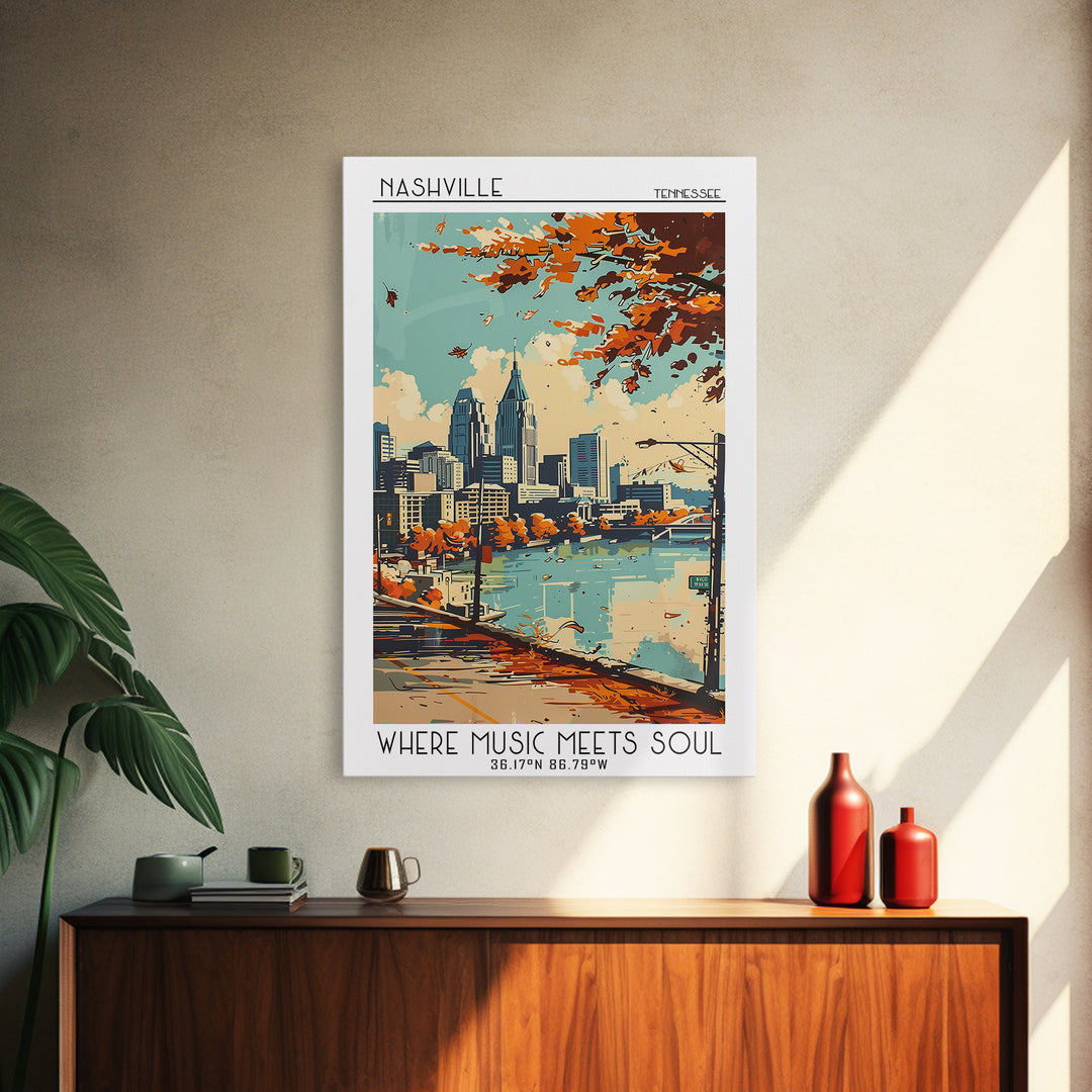 Nashville Tennessee Travel Poster, Framed Canvas Print, Travel Prints, Landscape Art, Poster Print, Mid Century Wall Art, Poster Art