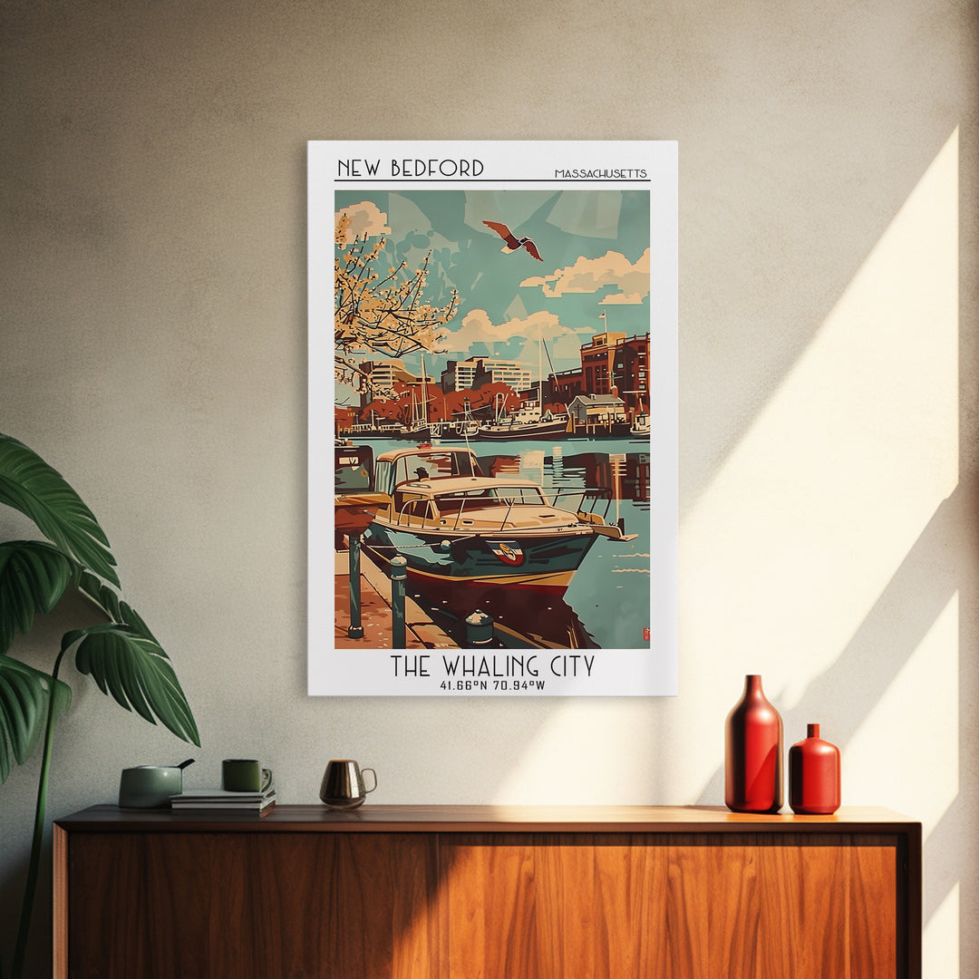 New Bedford Massachusetts Travel Poster, Framed Canvas Print, Retro Travel Poster, City Wall Art, Wanderlust Gift, Home Office Decor