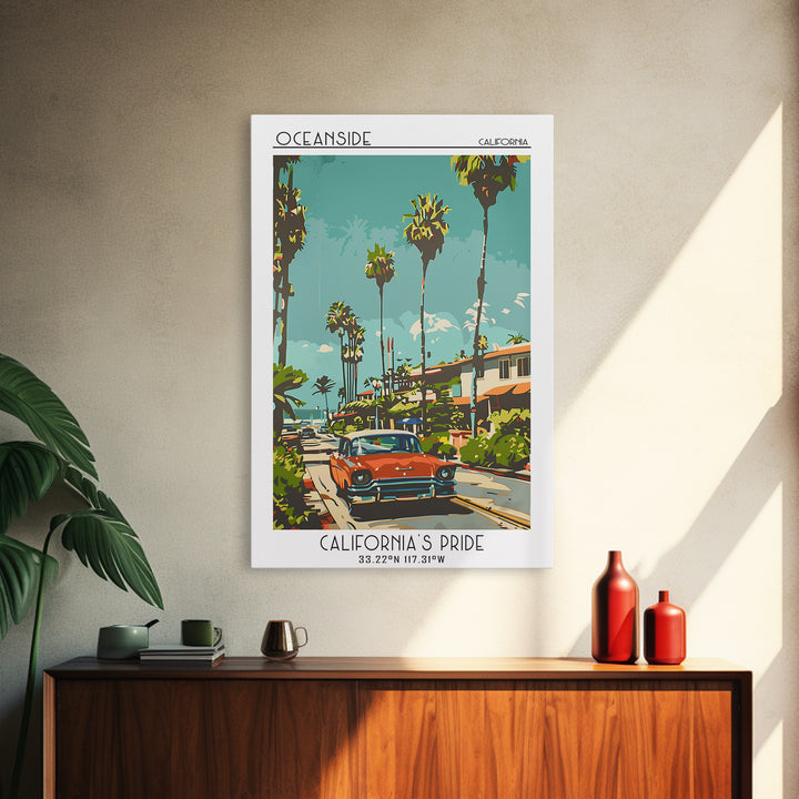 Oceanside Travel Poster, Framed Canvas Print, Travel Prints, Landscape Art, Wanderlust Gift, Mid Century Wall Art, Minimalist Poster
