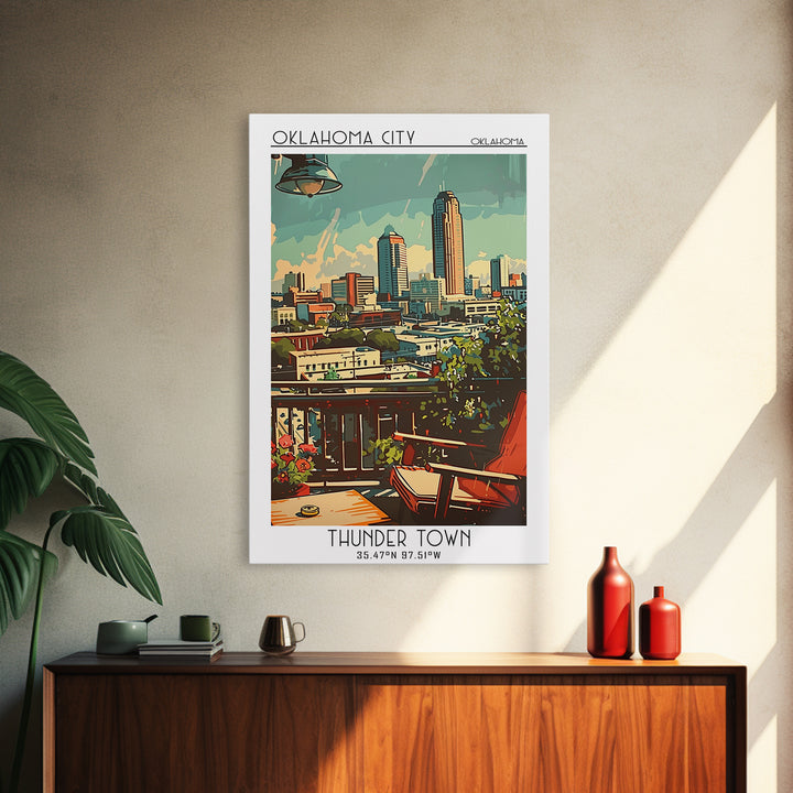 Oklahoma City Oklahoma Travel Poster, Framed Canvas Print, Travel Wall Art, City Wall Art, Watercolor Cityscape, Retro Travel Poster