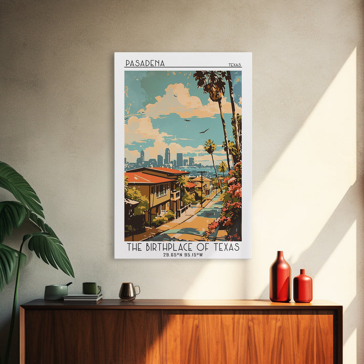 Pasadena Texas Travel Poster, Canvas Print, Retro Travel Poster, City Wall Art, Retro Travel Print, Home Decor, Watercolor Cityscape