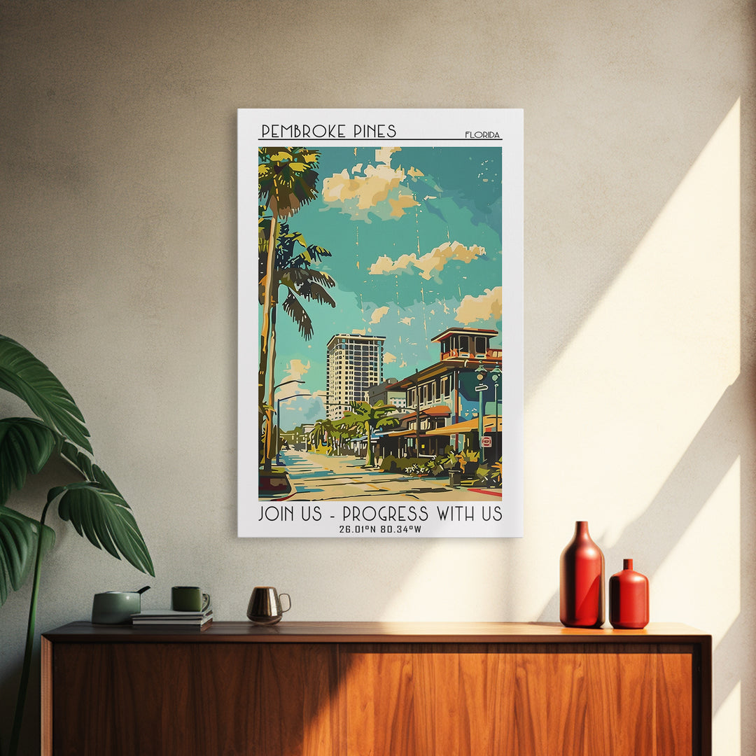 Pembroke Pines Florida Travel Poster, Framed Canvas Print, City Travel Poster, Travel Wall Art, Modern Wall Decor, City Illustration