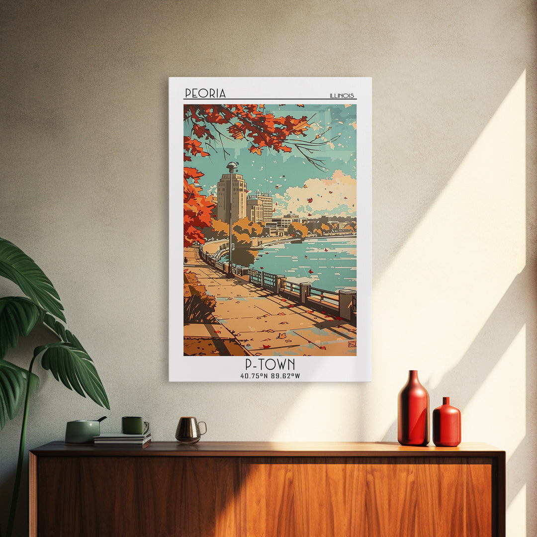 Peoria Illinois Travel Poster, Framed Canvas Print, Retro Travel Poster, City Wall Art, Art Print, Minimalist Poster, Travel Posters