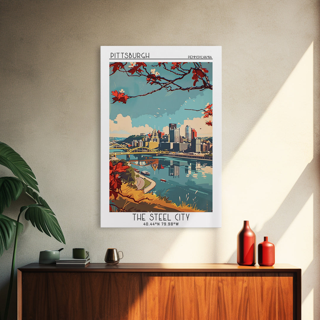 Pittsburgh Pennsylvania Travel Poster, Canvas Print, Travel Wall Art, City Wall Art, Travel Wall Decor, Retro Wall Art, Poster Print