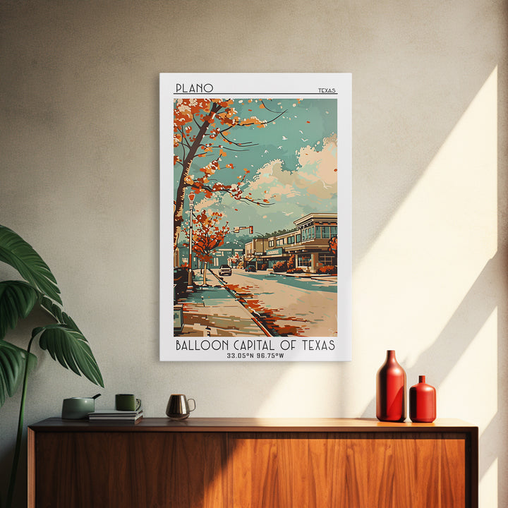 Plano Texas Travel Poster, Framed Canvas Print, Travel Prints, Landscape Art, Retro Travel Poster, Vintage Travel, City Illustration