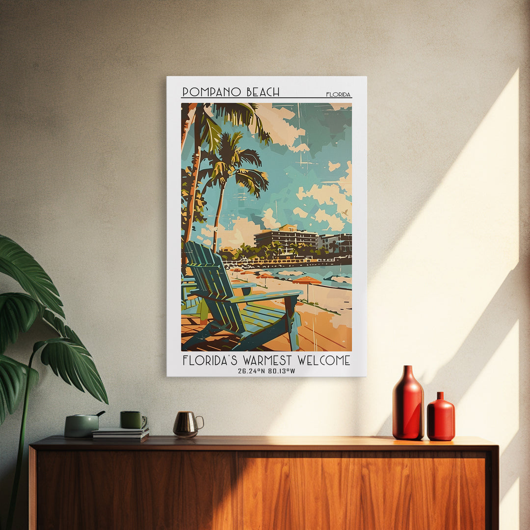 Pompano Beach Travel Poster, Framed Canvas Print, Retro Wall Art, Travel Print, City Illustration, Minimalist Poster, Vintage Travel