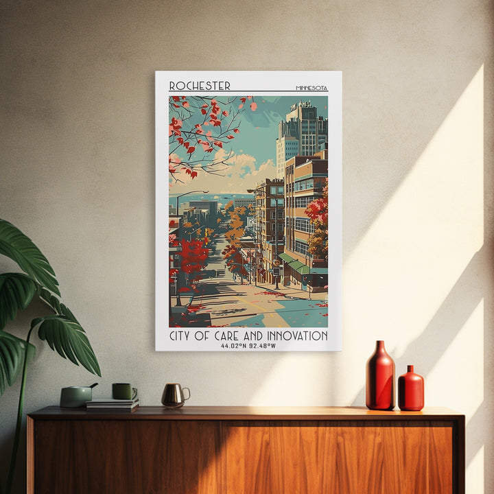Rochester Minnesota Travel Poster, Framed Canvas Print, Retro Wall Art, Travel Print, Mid Century Wall Art, Fine Art Print, Wall Art