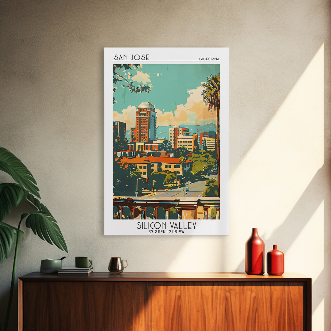 San Jose California Travel Poster, Framed Canvas Print, Travel Prints, Landscape Art, Vintage Travel Print, Wall Art, Retro Wall Art