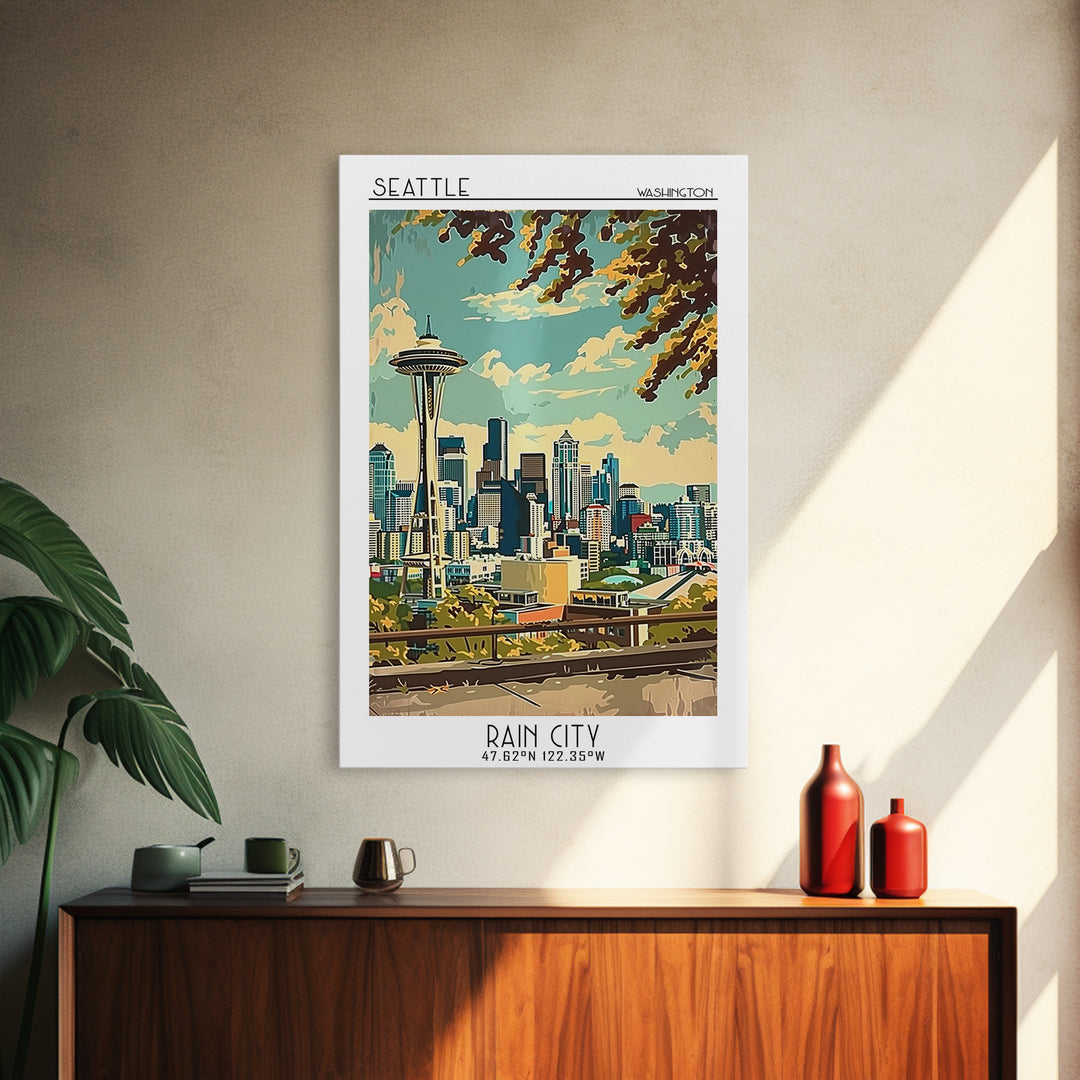 Seattle Washington Travel Poster, Canvas Print, City Travel Poster, Travel Wall Art, Retro Wall Art, Colorful Wall Art, Travel Decor