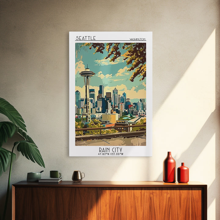 Seattle Washington Travel Poster, Canvas Print, City Travel Poster, Travel Wall Art, Retro Wall Art, Colorful Wall Art, Travel Decor