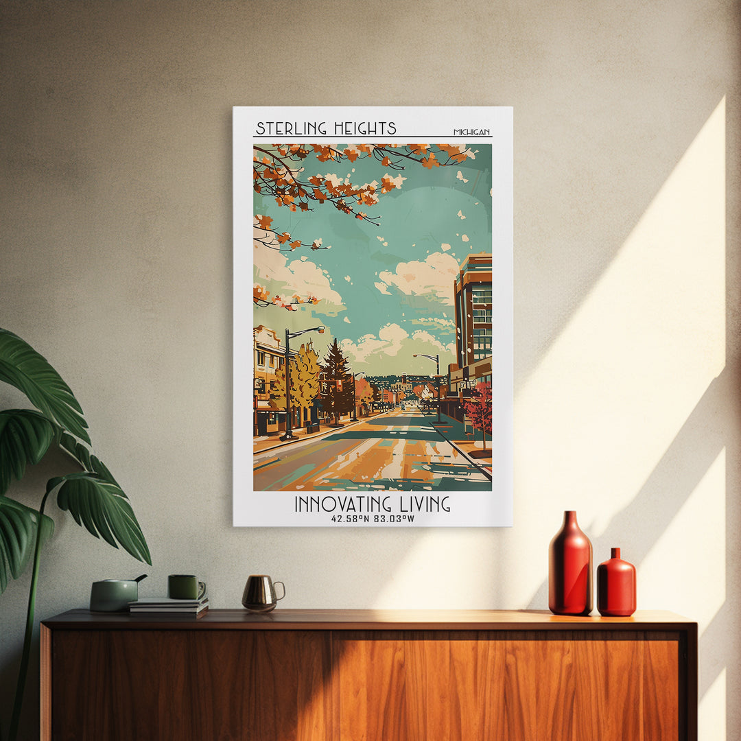Sterling Heights Travel Poster, Canvas Print, Travel Art Print, Modern Wall Decor, Colorful Wall Art, Mid Century Wall Art, Wall Art