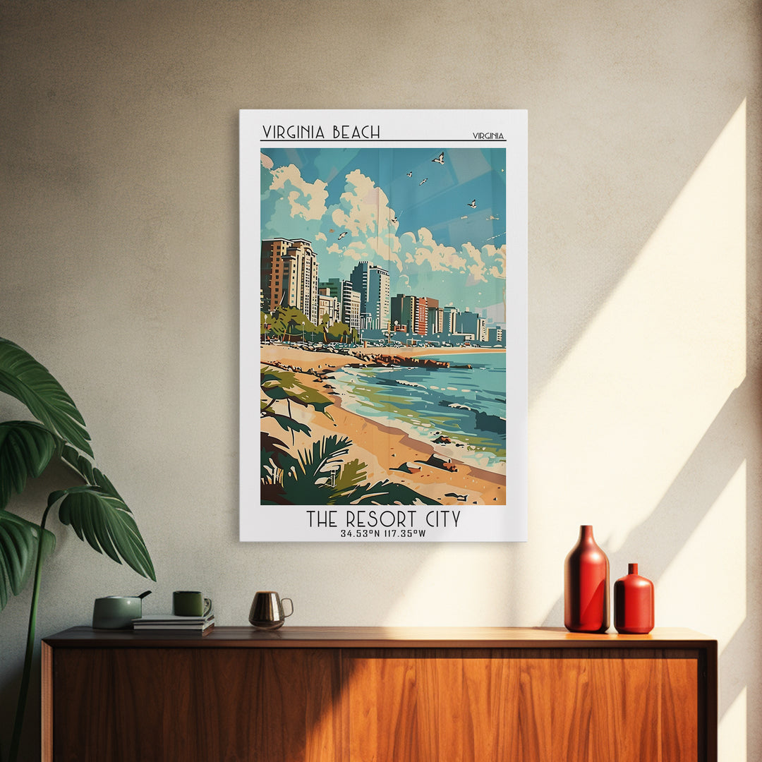 Virginia Beach Travel Poster, Framed Canvas Print, Travel Prints, Landscape Art, Wall Art, Home Decor, Travel Wall Art, Travel Print