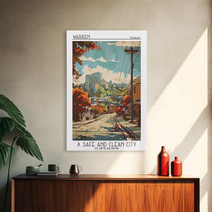 Warren Michigan Travel Poster, Framed Canvas Print, Vintage Travel Print, City Wall Art, Poster Print, Retro Travel Poster, Wall Art