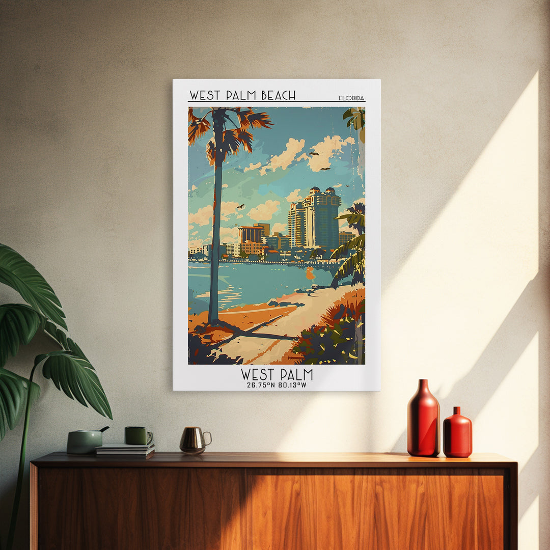 West Palm Beach Florida Travel Poster, Framed Canvas Print, City Travel Poster, Travel Wall Decor, Modern Wall Decor, Retro Wall Art