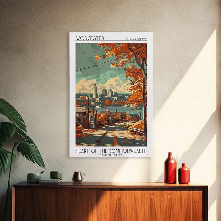 Worcester Massachusetts Travel Poster, Framed Canvas Print, Travel Prints, Landscape Art, Watercolor Cityscape, Mid Century Wall Art