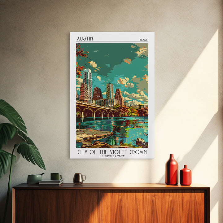 Austin Travel Poster, Framed Canvas Print, Travel Prints, Landscape Art, Travel Art Print, Home Office Decor, Wall Art, Travel Decor