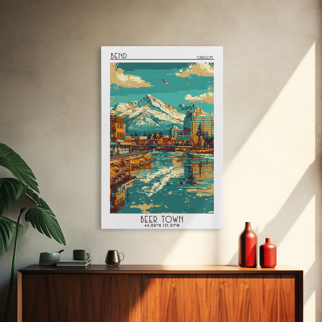 Bend Travel Poster, Framed Canvas Print, Travel Prints, Landscape Art, City Travel Poster, Vintage City Poster, Living Room Wall Art