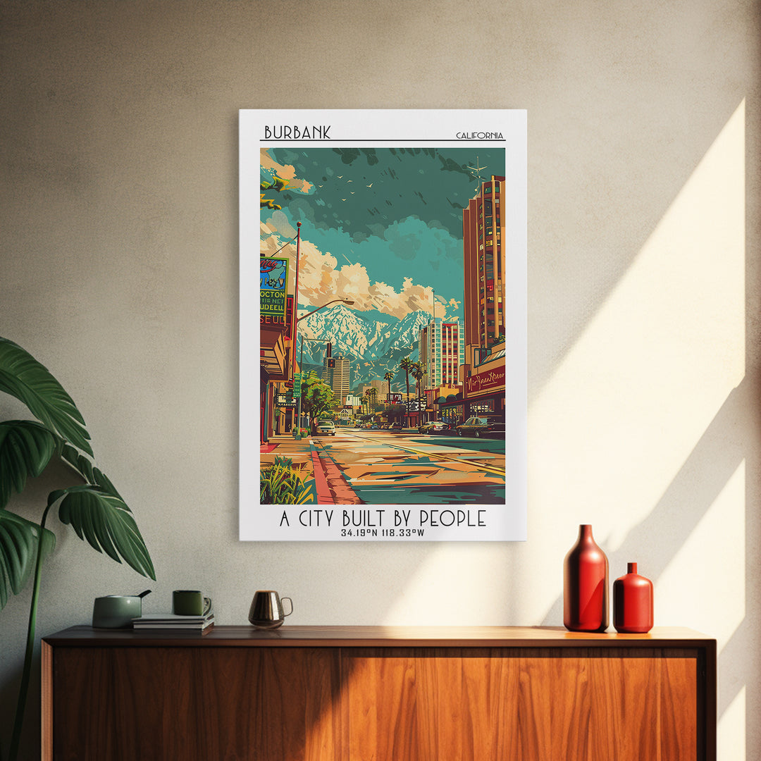Burbank Travel Poster, Canvas Print, Retro Wall Art, Travel Print, Colorful Wall Art, City Illustration, Poster Print, Travel Prints