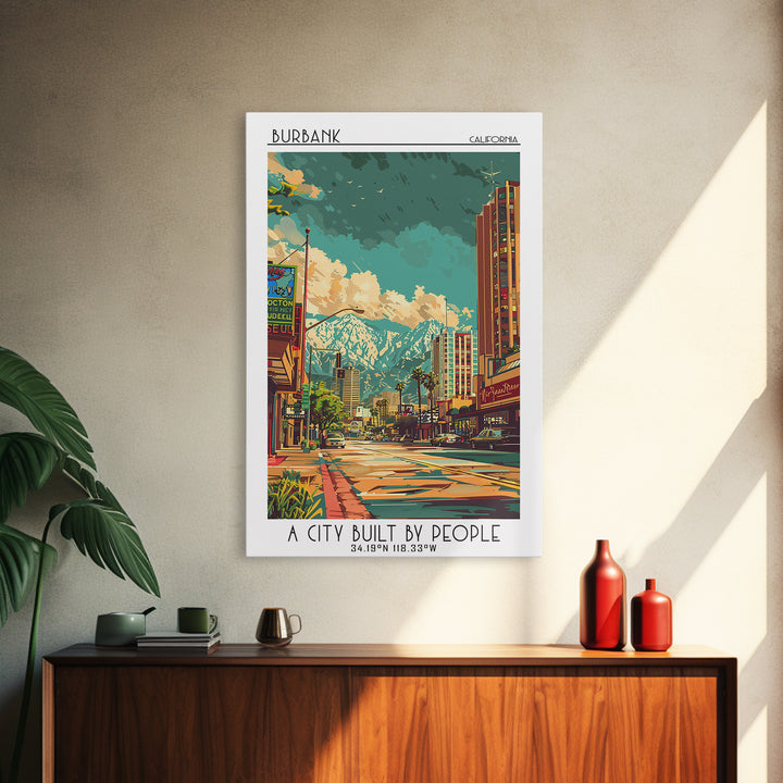 Burbank Travel Poster, Canvas Print, Retro Wall Art, Travel Print, Colorful Wall Art, City Illustration, Poster Print, Travel Prints