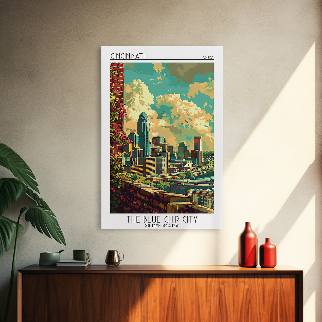 Cincinnati Travel Poster, Canvas Print, Retro Travel Poster, City Wall Art, Mid Century Wall Art, Travel Print, Watercolor Cityscape