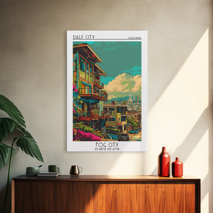 Daly City Travel Poster, Framed Canvas Print, Retro Wall Art, Travel Print, Living Room Wall Art, Vintage Travel, City Travel Poster