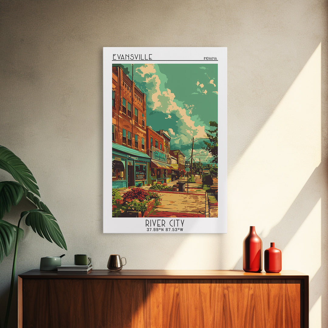 Evansville Travel Poster, Framed Canvas Print, Vintage Travel Print, City Wall Art, Travel Print, Vintage Posters, City Illustration