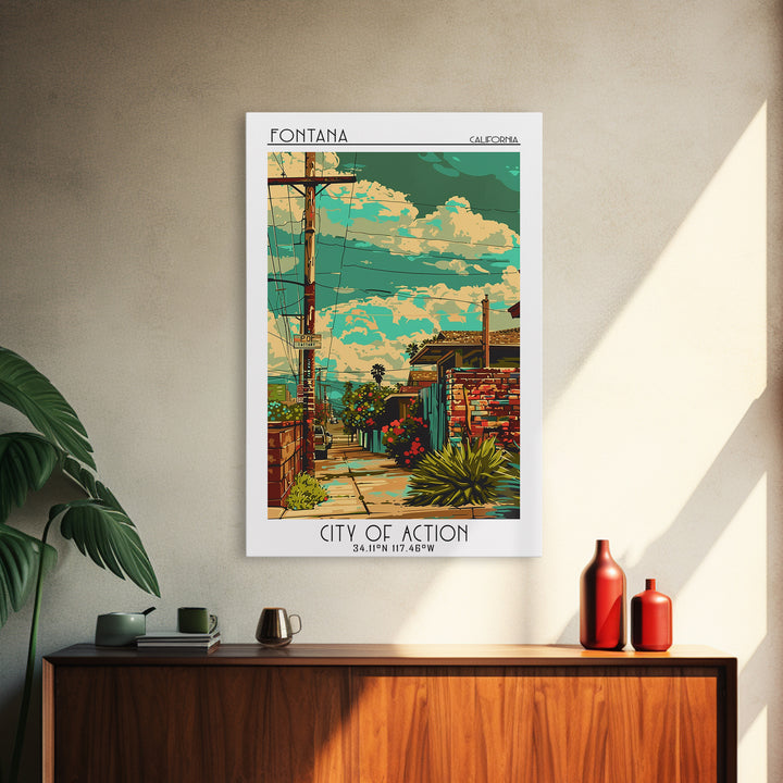 Fontana Travel Poster, Framed Canvas Print, Travel Wall Art, City Wall Art, Travel Print, Poster Print, Travel Decor, Retro Wall Art