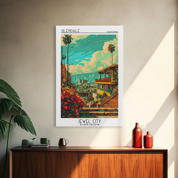 Glendale California Travel Poster, Framed Canvas Print, Travel Wall Decor, Minimalist Poster, Retro Travel Poster, City Illustration