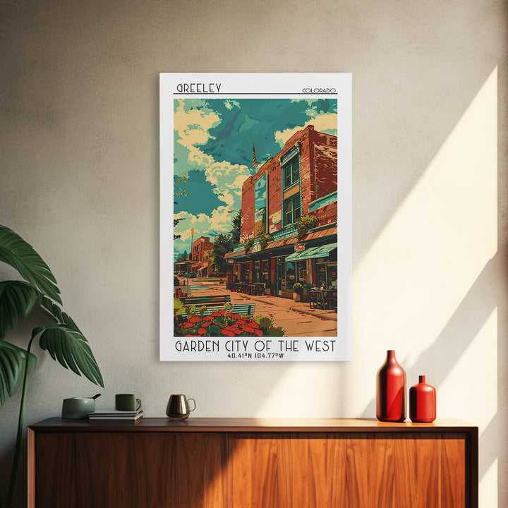Greeley Travel Poster, Framed Canvas Print, Travel Wall Art, City Wall Art, Living Room Wall Art, Retro Travel Print, Vintage Poster