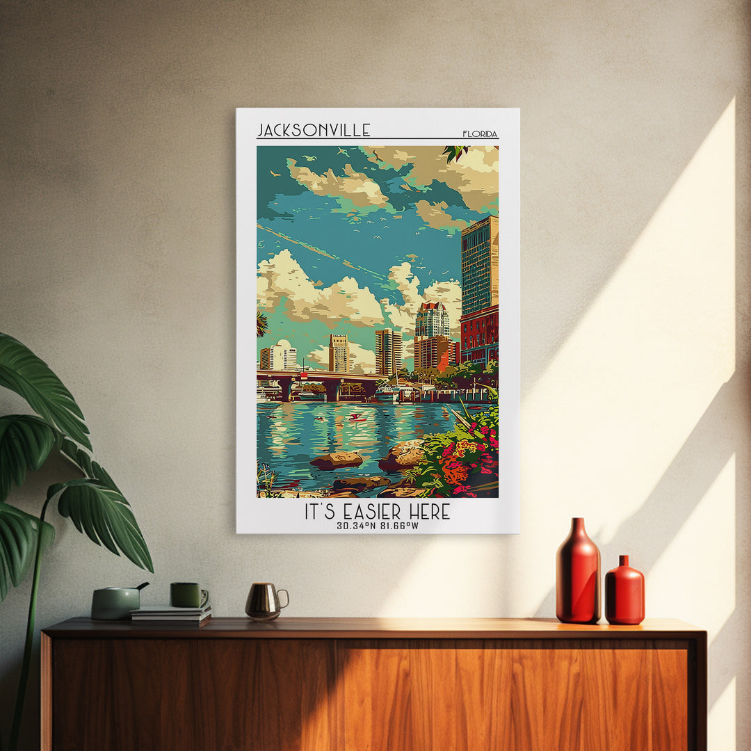 Jacksonville Travel Poster, Canvas Print, Poster Print, Travel Wall Art, Travel Decor, Travel Prints, Watercolor Cityscape, Wall Art