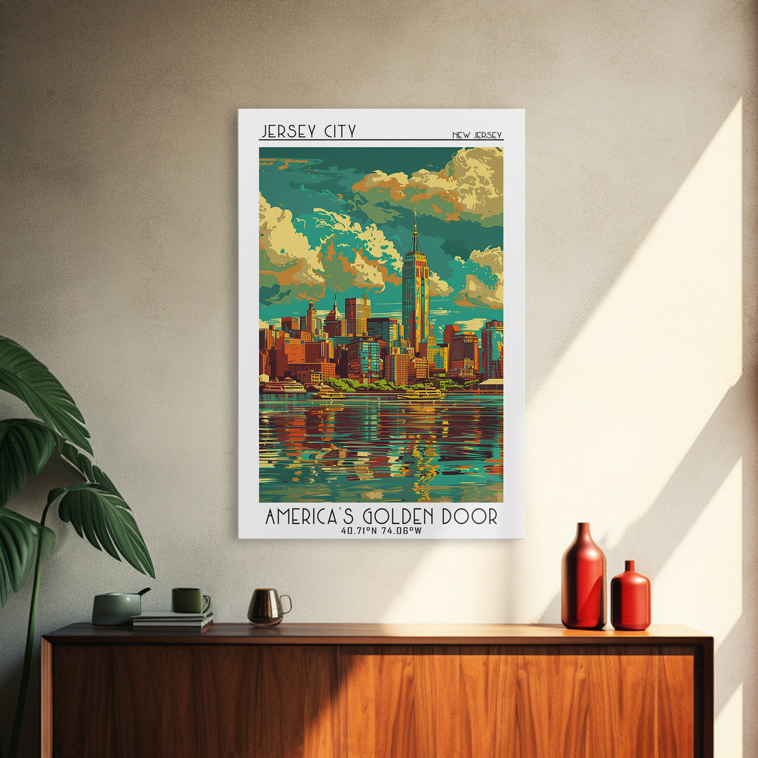 Jersey City Travel Poster, Framed Canvas Print, Retro Wall Art, Travel Print, Vintage Posters, Gallery Wall Set, Vintage City Poster