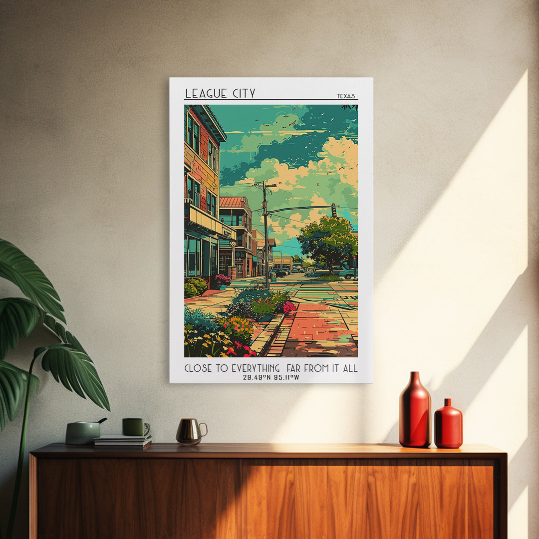 League City Travel Poster, Framed Canvas Print, City Art Print, Travel Wall Art, Landscape Art, Colorful Wall Art, City Illustration