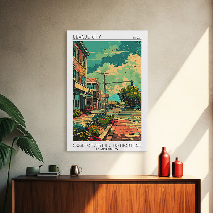 League City Travel Poster, Framed Canvas Print, City Art Print, Travel Wall Art, Landscape Art, Colorful Wall Art, City Illustration