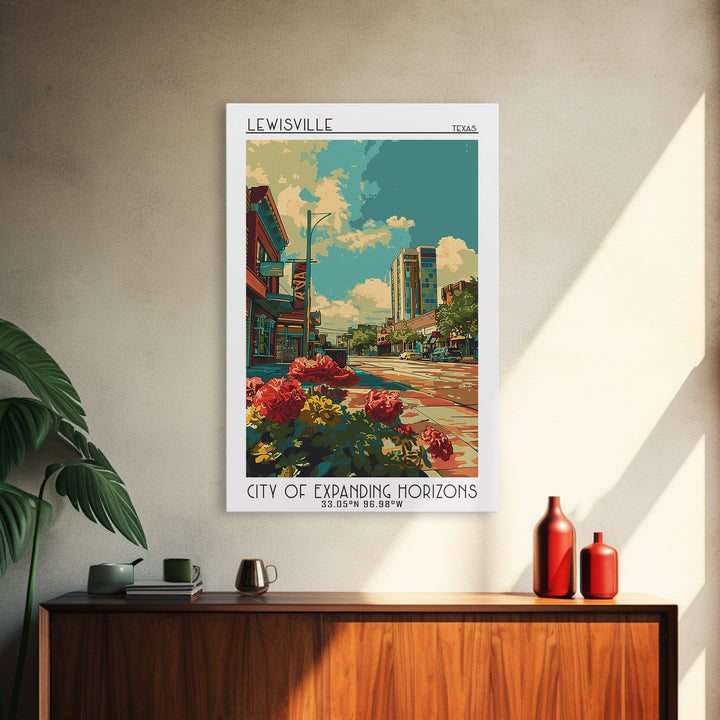 Lewisville Travel Poster, Framed Canvas Print, Travel Prints, Landscape Art, Retro Travel Poster, Poster Print, Watercolor Cityscape
