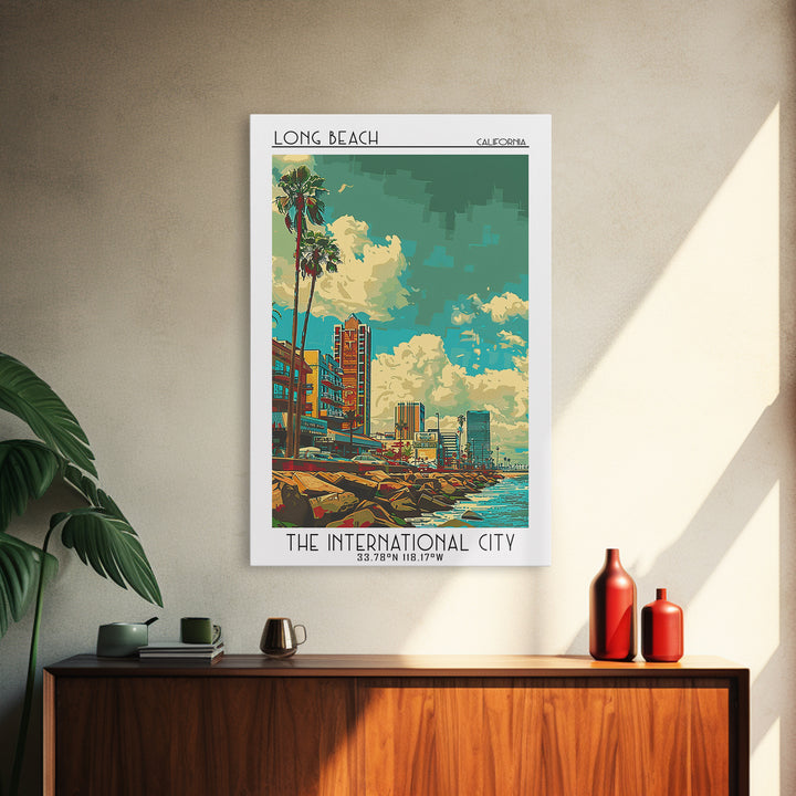 Long Beach Travel Poster, Framed Canvas Print, Travel Wall Art, City Wall Art, City Art Print, Vintage Posters, Mid Century Wall Art