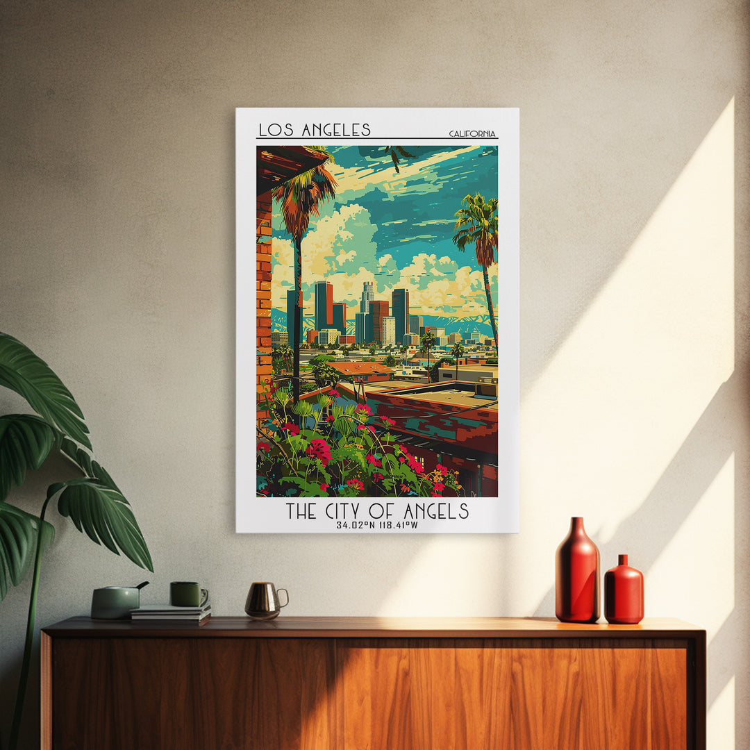 Los Angeles Travel Poster, Framed Canvas Print, Retro Wall Art, Travel Print, Wanderlust Gift, Vintage City Poster, Gallery Wall Set