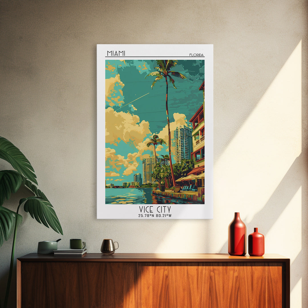 Miami Travel Poster, Framed Canvas Print, Poster Print, Travel Wall Art, Colorful Wall Art, Retro Travel Print, Wall Art, Poster Art